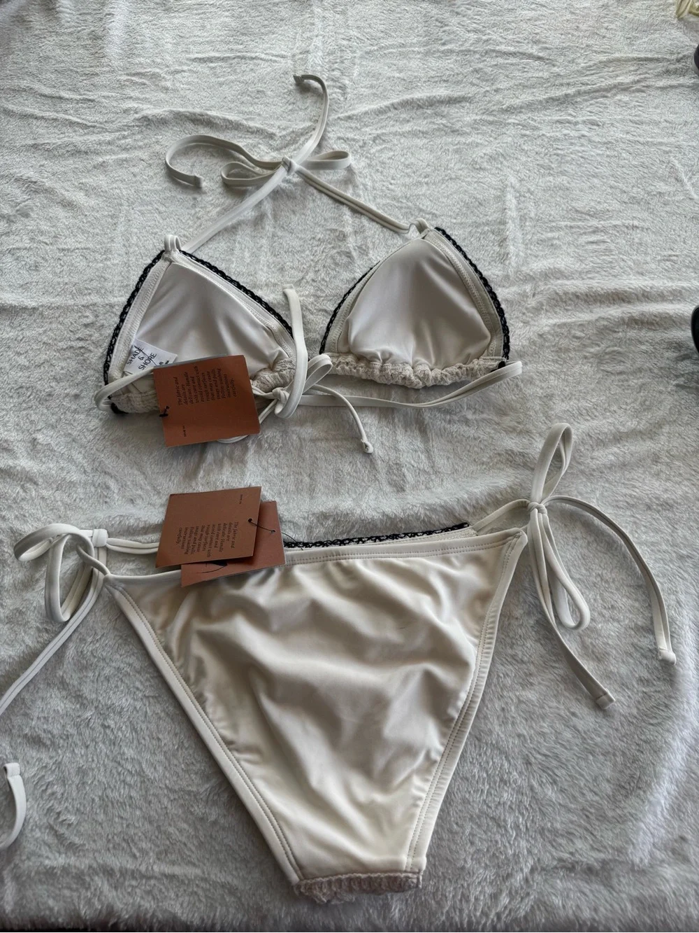 Shade & shore Women's White Crochet Triangle Bikini with Navy Trim